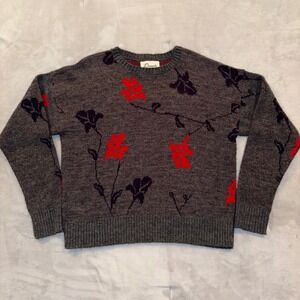 Vintage Donagain Floral Sweater Gray Red Black Cottagecore Grannycore Large USA